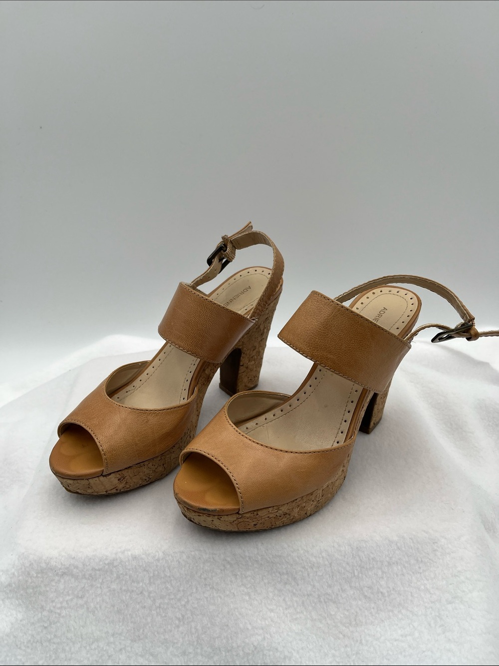 Adrienne Vittadini Tan Cork Platform Peep-Toe Sandals